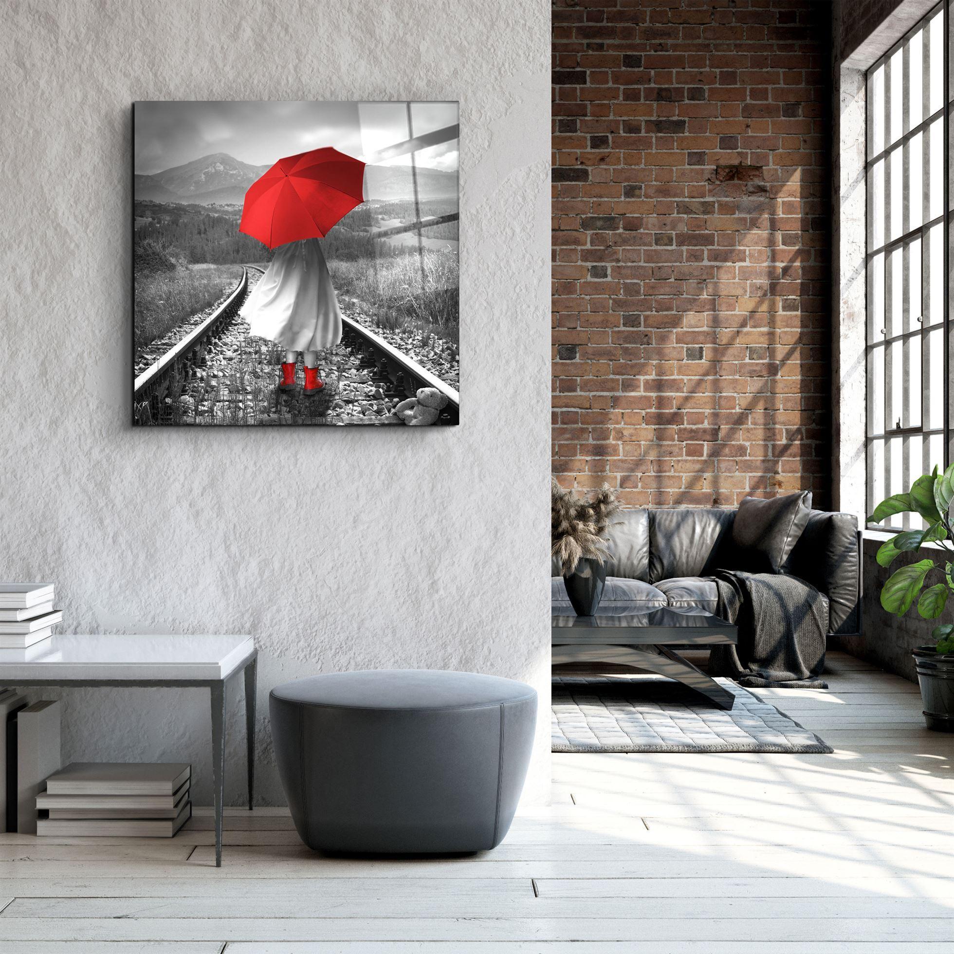 ・"Girl with Red Umbrella"・Glass Wall Art - ArtDesigna Glass Printing Wall Art