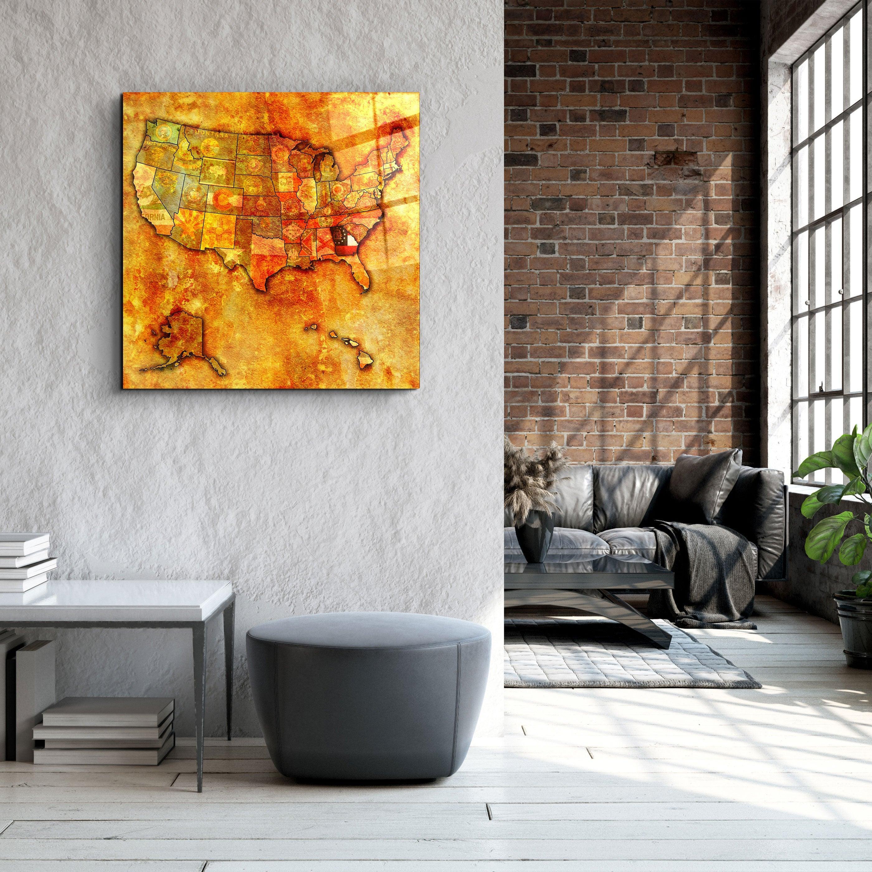 Vintage US Georgia map glass wall art by Artdesigna showing detailed geographic features and vibrant colors on clear glass.