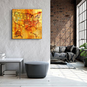 Vintage US New York map glass wall art by Artdesigna, featuring a detailed, decorative map design on clear glass.