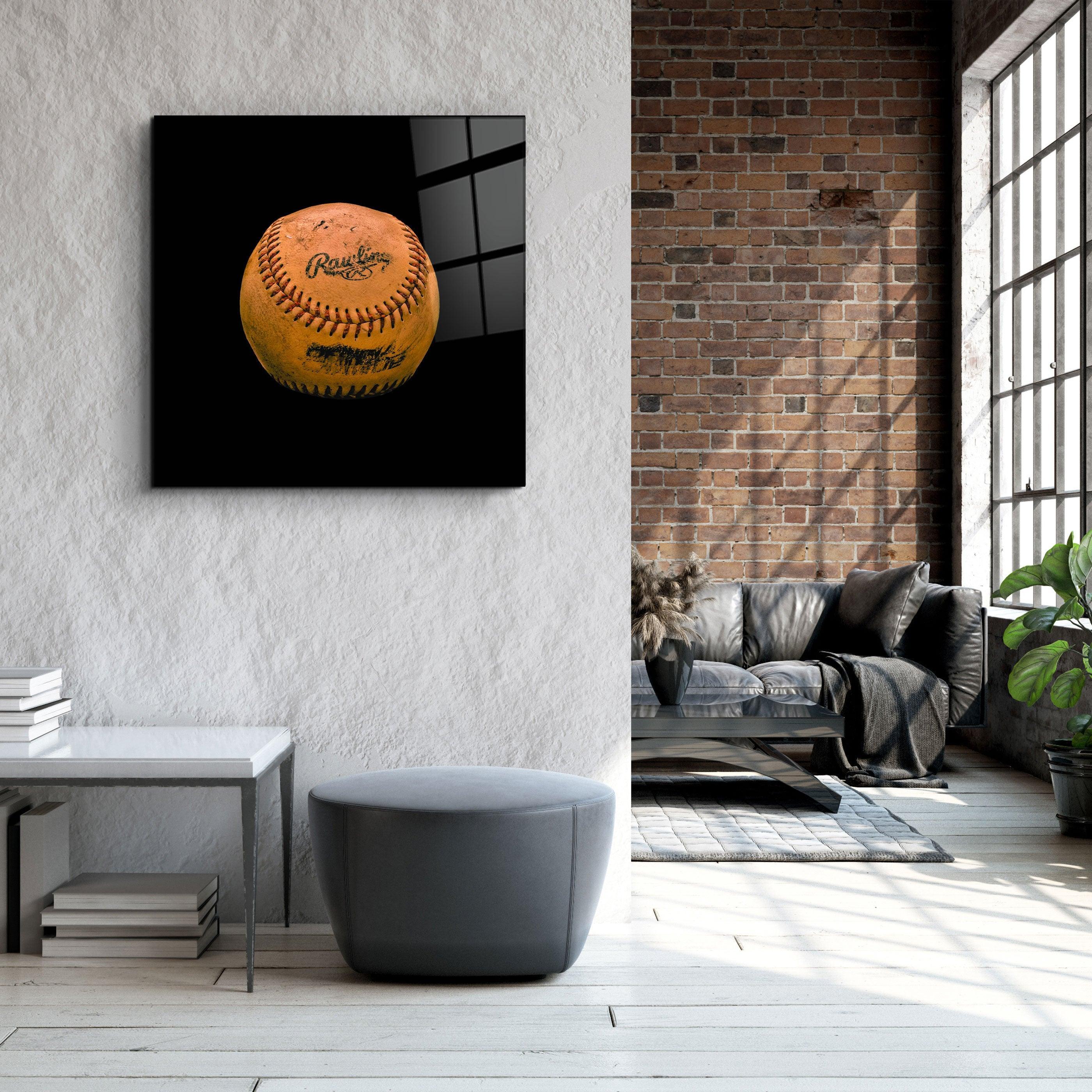Recolored Designs baseball glass wall art by Artdesigna featuring vibrant, colorful baseball-themed glass artwork displayed on a wall.