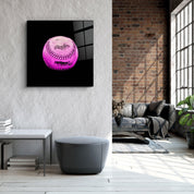 Colorful Recolored Designs baseball glass wall art by Artdesigna, featuring vibrant, detailed baseball artwork on clear glass.
