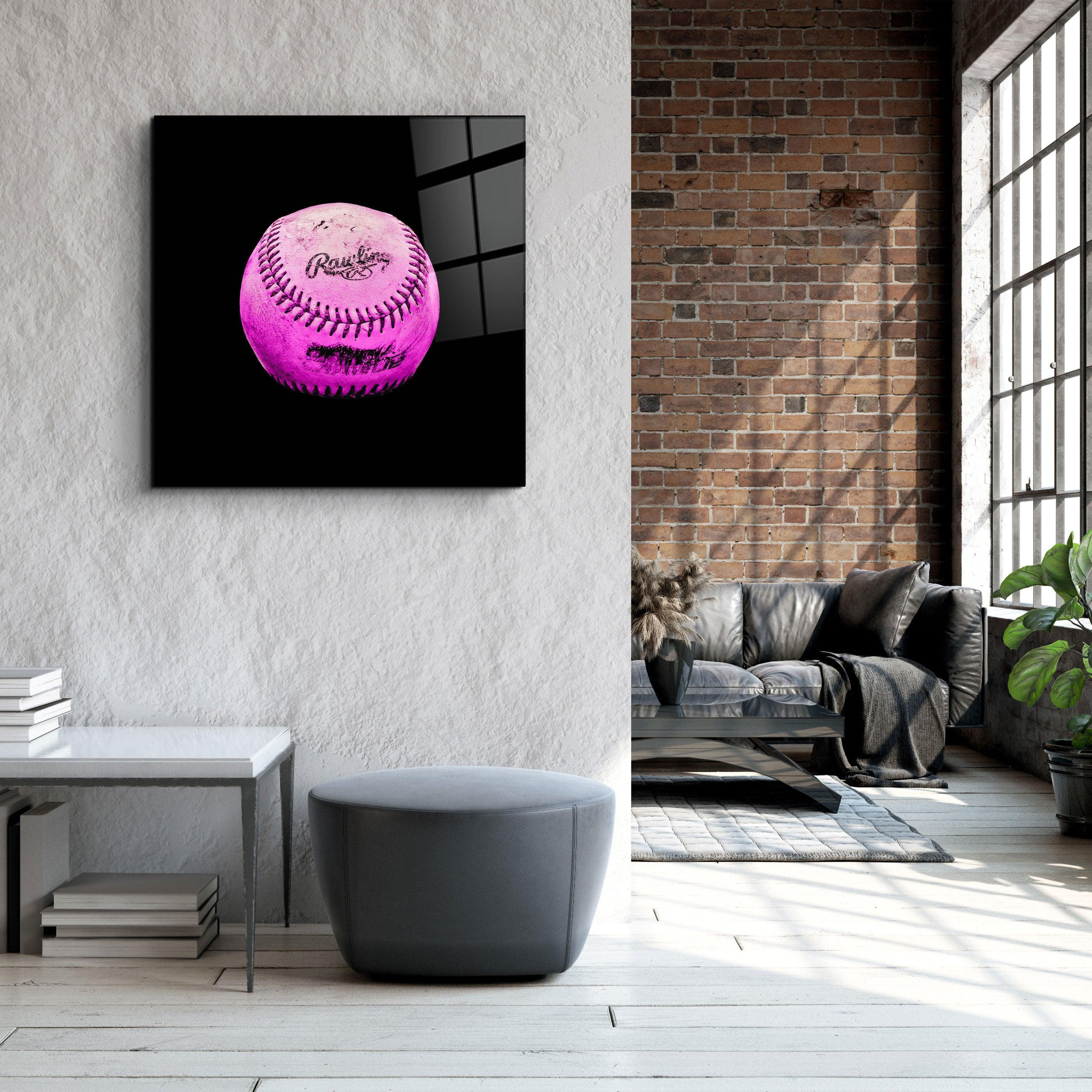 Colorful Recolored Designs baseball glass wall art by Artdesigna, featuring vibrant, detailed baseball artwork on clear glass.