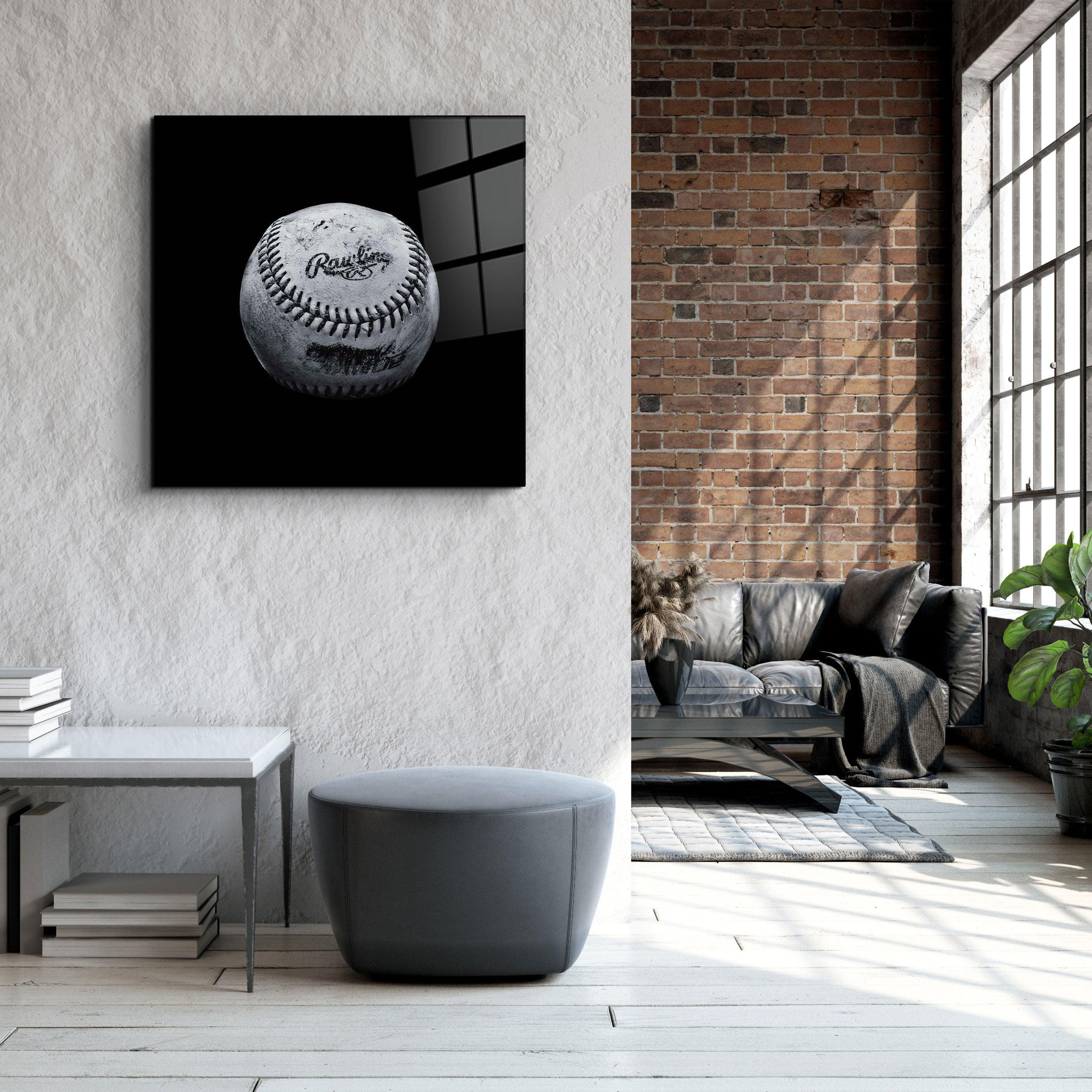 Colorful Recolored Designs baseball glass wall art by Artdesigna, featuring vibrant baseball imagery on clear glass.