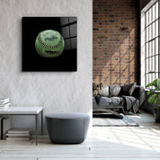 Artdesigna Recolored Designs Baseball glass wall art featuring vibrant colors and detailed baseball artwork on clear glass panel.