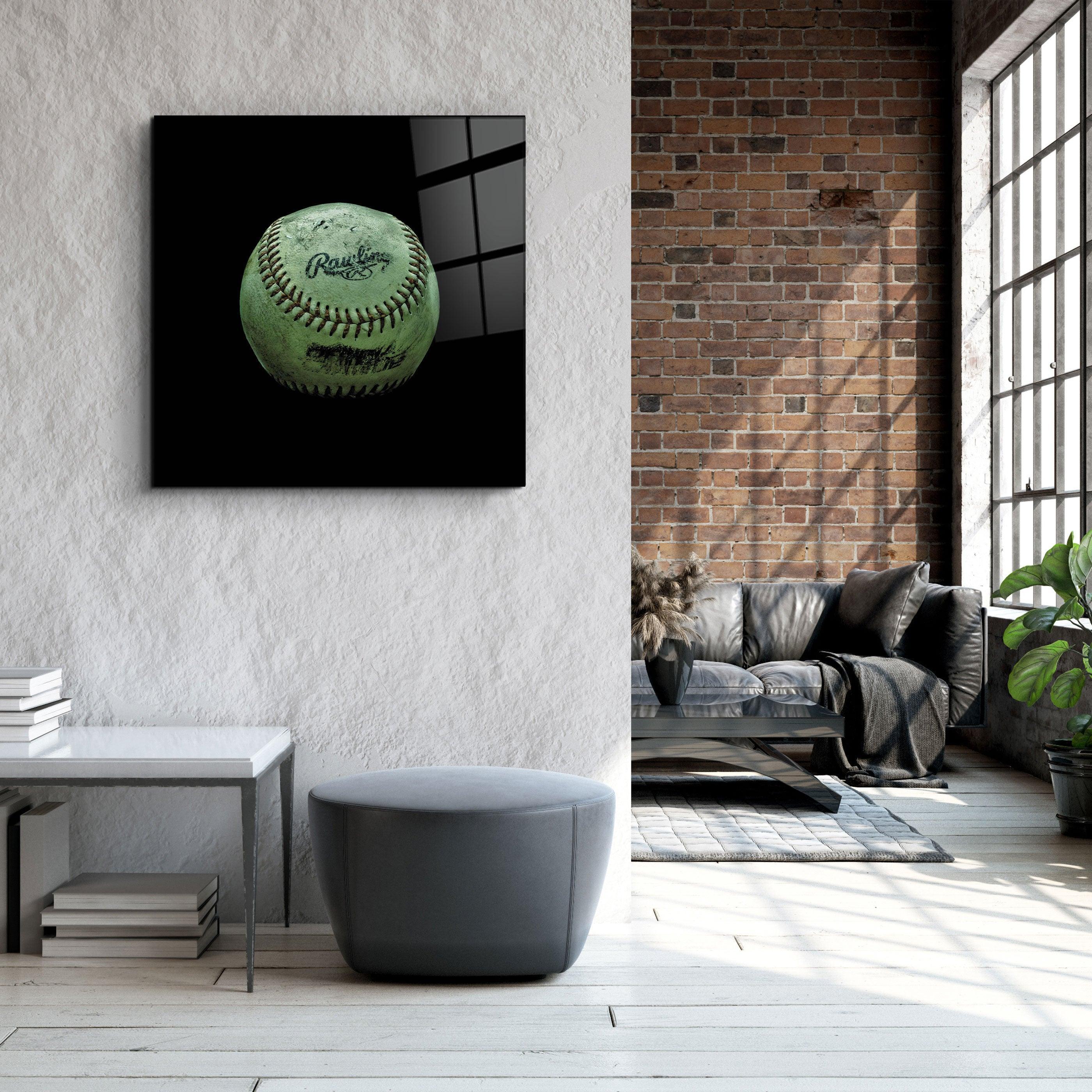 Artdesigna Recolored Designs Baseball glass wall art featuring vibrant colors and detailed baseball artwork on clear glass panel.