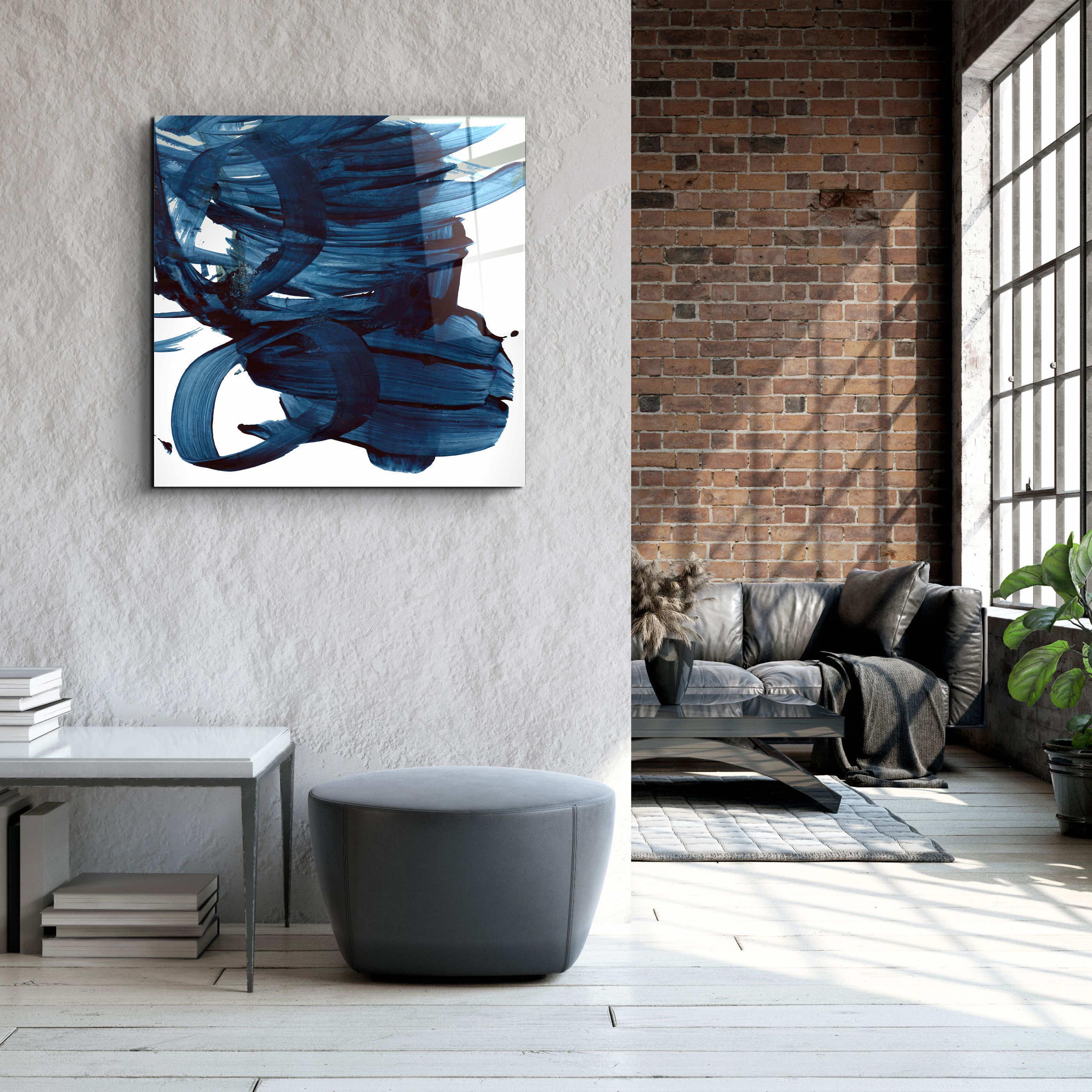 ."Navy Blue Abstract Brush Strokes". Designer's Collection Glass Wall Art - ArtDesigna Glass Printing Wall Art