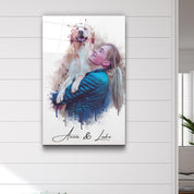 ."Watercolor Portrait - You & Your Pet - Custom Printing". Glass Wall Art - ArtDesigna Glass Printing Wall Art