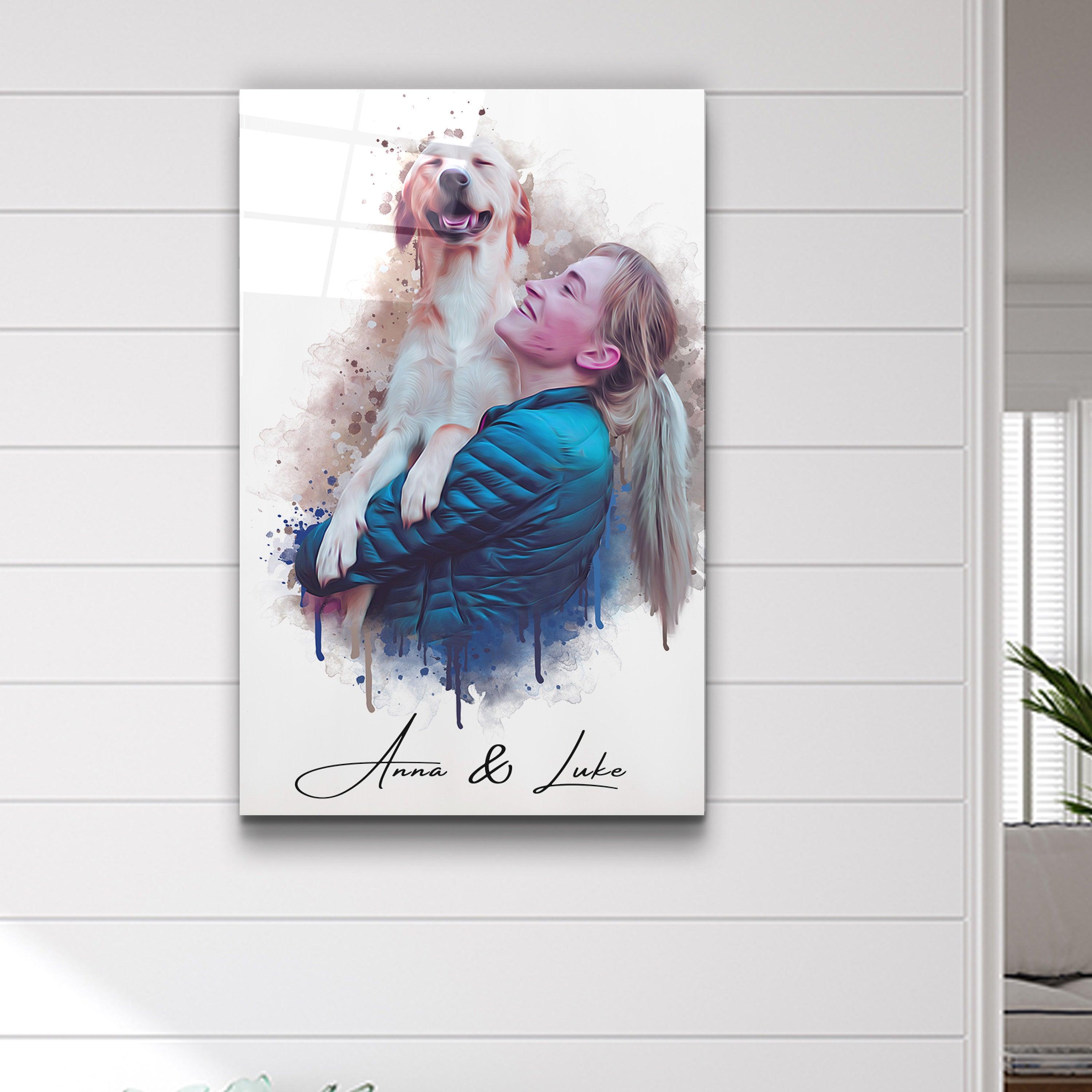 ."Watercolor Portrait - You & Your Pet - Custom Printing". Glass Wall Art - ArtDesigna Glass Printing Wall Art