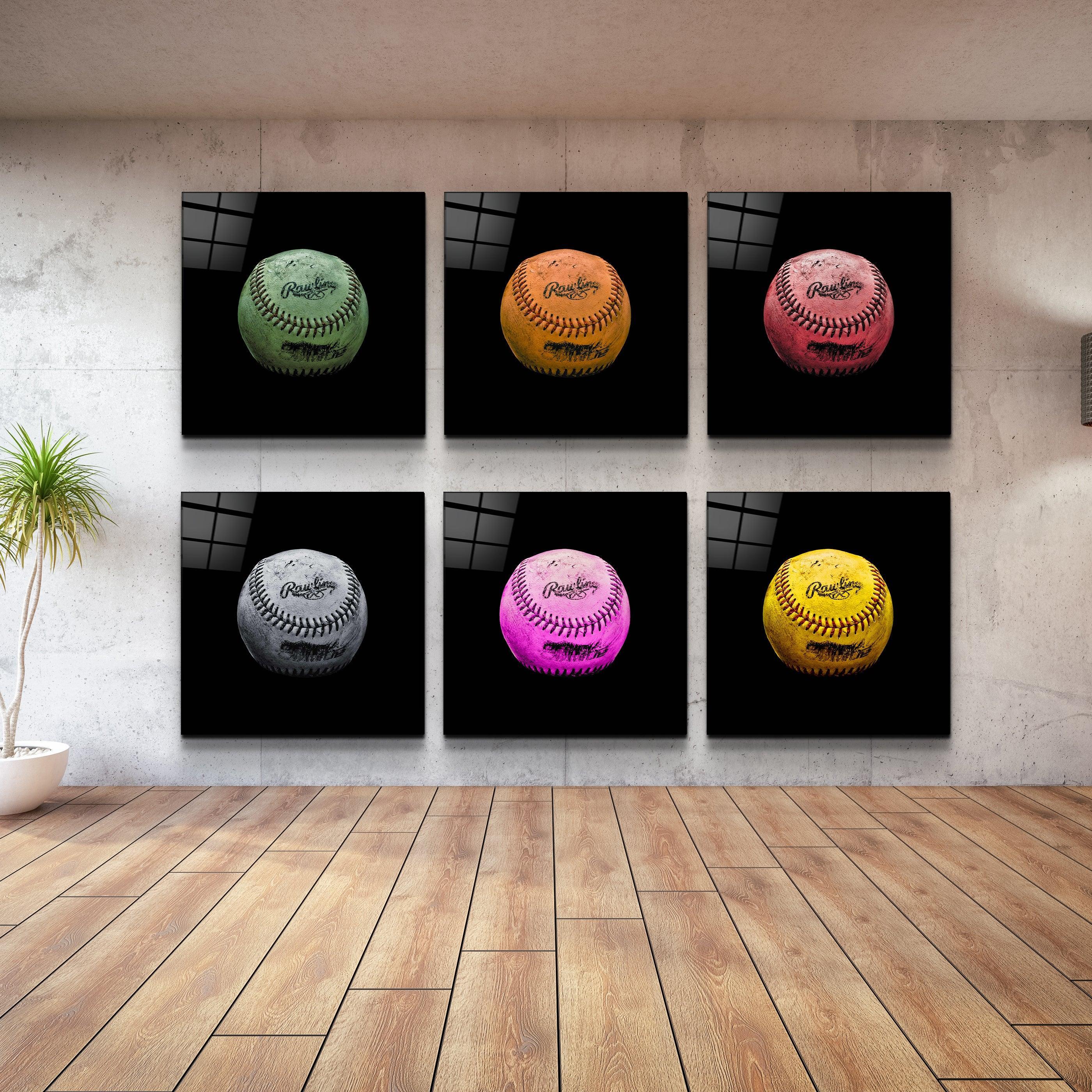 Recolored Designs baseball glass wall art by Artdesigna featuring vibrant, detailed baseball imagery on clear glass.