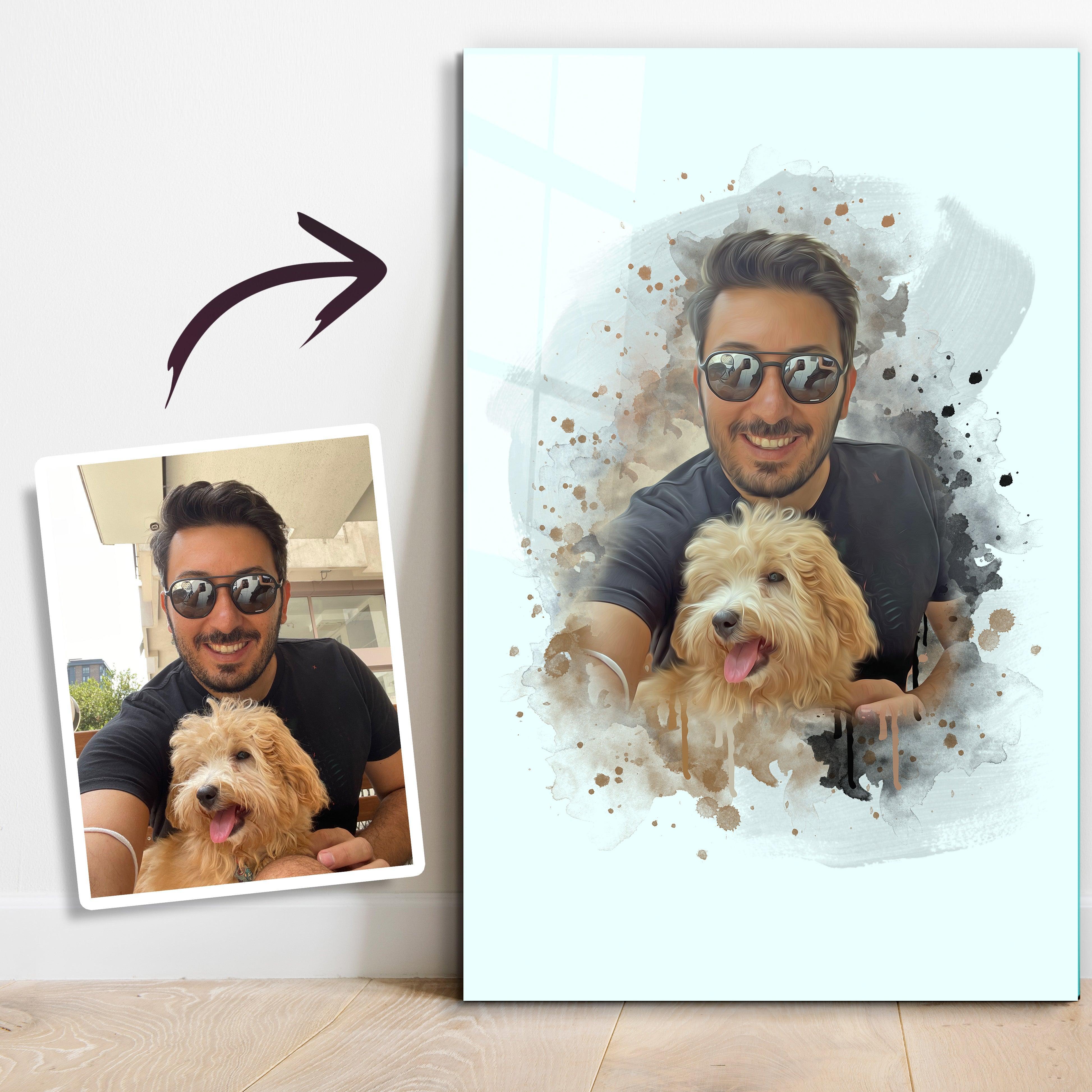 ."Watercolor Portrait - You & Your Pet - Custom Printing". Glass Wall Art - ArtDesigna Glass Printing Wall Art